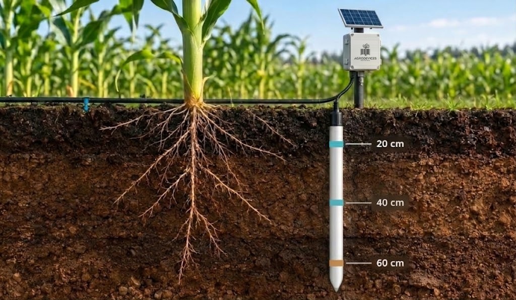 Corte del suelo de un campo de maíz con riego por goteo y una sonda AD-Root midiendo la humedad a 20, 40 y 60 cm